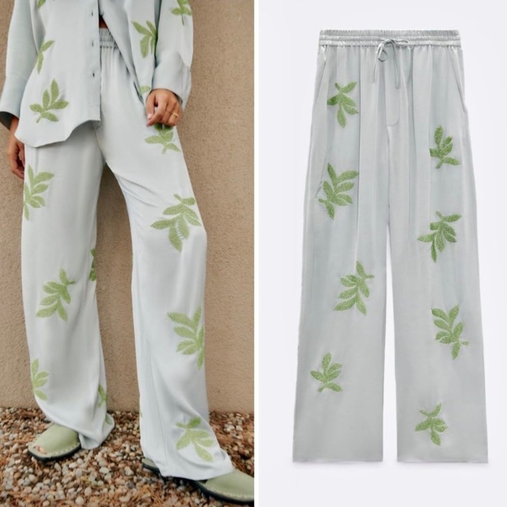 Zara Light Gray Wide-Leg Pants with Green Leaf Print